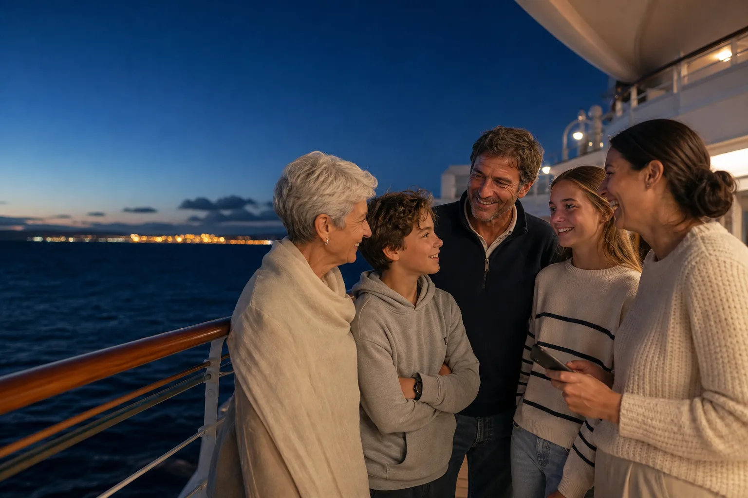 A family chatting together on an open cruise-ship deck at dusk