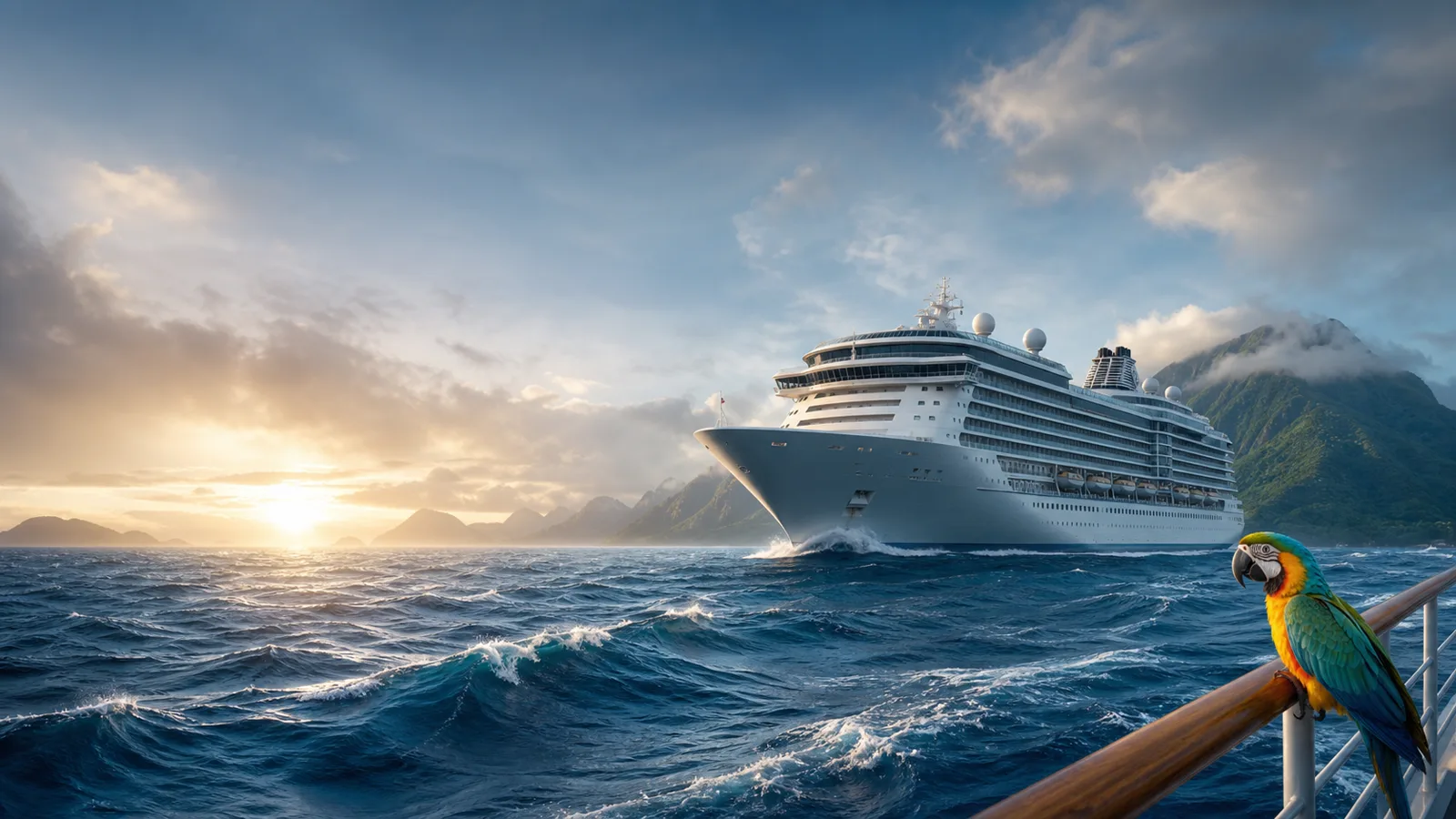 A cruise ship sailing through deep blue water beside a tropical island