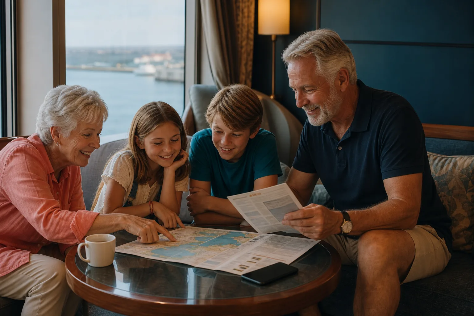 A family planning their cruise day together in a warm ship lounge