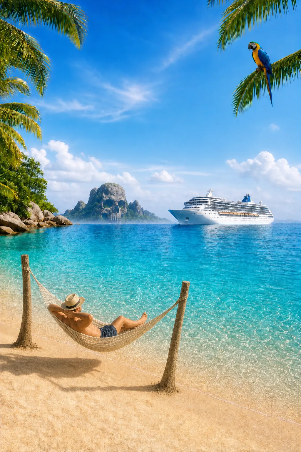 A quiet hammock overlooking turquoise water on a tropical shore