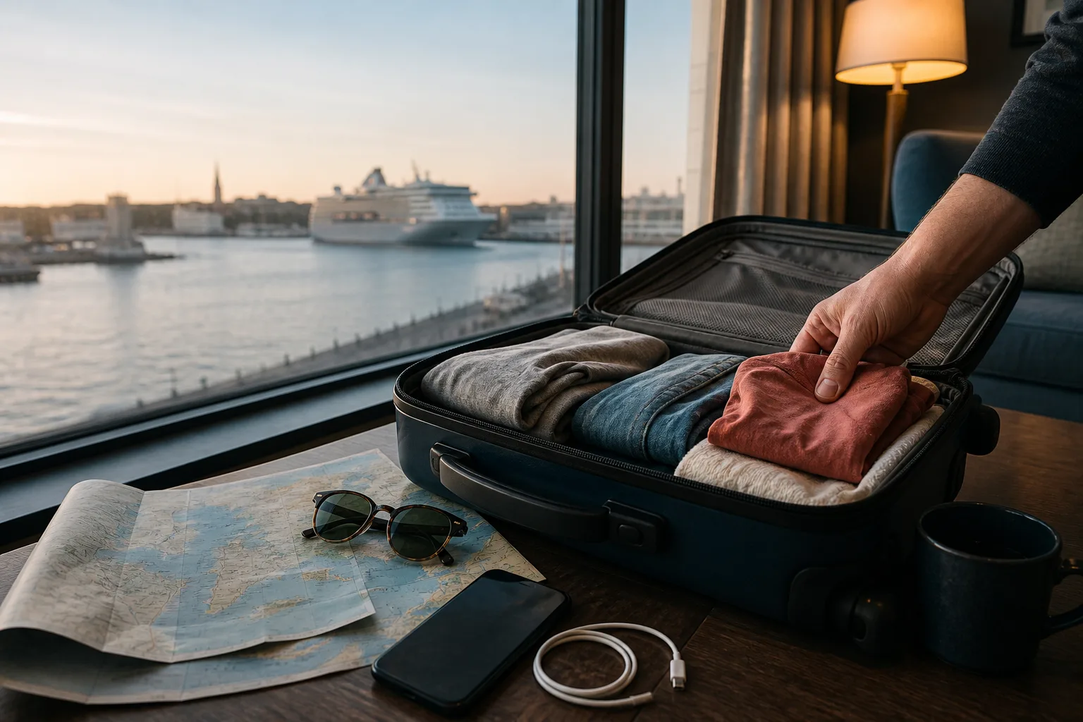 Luggage and a cruise itinerary prepared beside a harbour before sailing