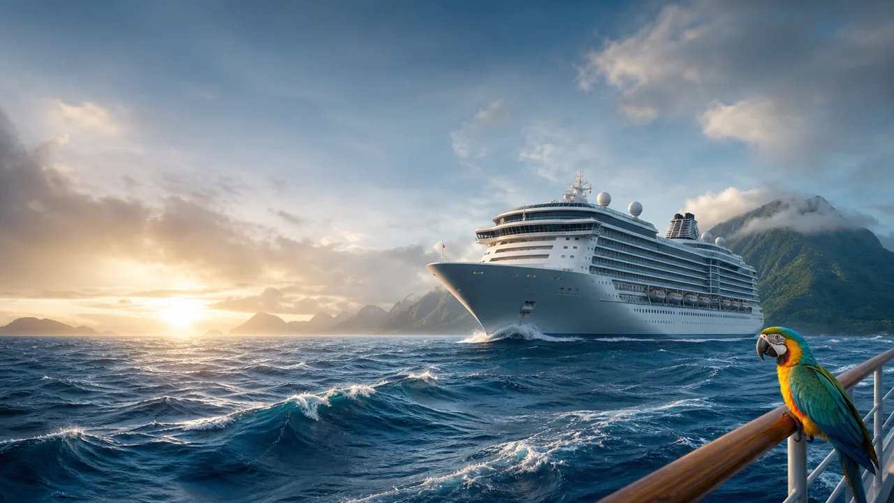 A cruise liner sailing through deep blue water at sunrise with a parrot perched in the foreground